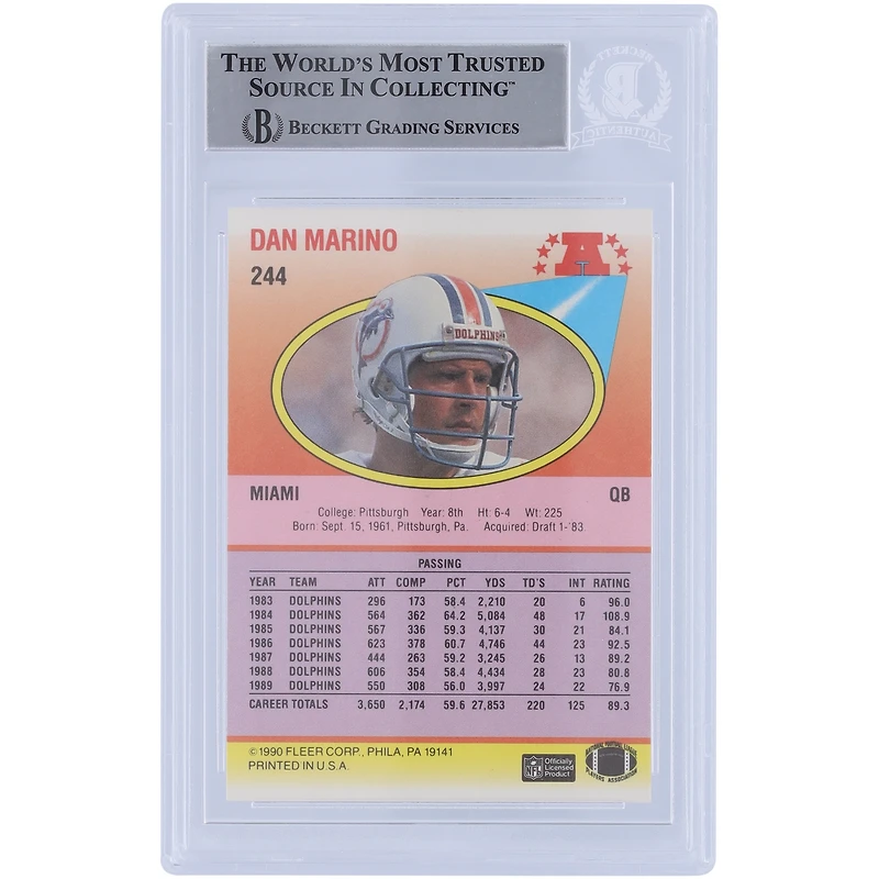 Carte autographiée de 1990 Fleer #244 Beckett par les Miami Dolphins de Dan Marino, carte authentifiée par des fanatiques de Beckett