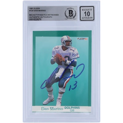 Carte autographiée de 1991 Fleer #124 Beckett par Dan Marino Miami Dolphins, carte authentifiée et témoin des fanatiques de Beckett
