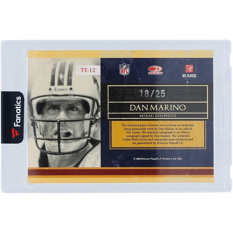 Dan Marino Miami Dolphins Autographed 2008 Donruss Classics Game Used Relic #TT-12 #18/25 Card