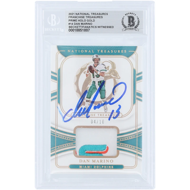 Dan Marino Miami Dolphins Autographed 2021 Panini National Treasures Franchise Treasures Prime Holo Gold Relic #FT-DM #/10 Beckett Fanatics Witnessed Authenticated Card