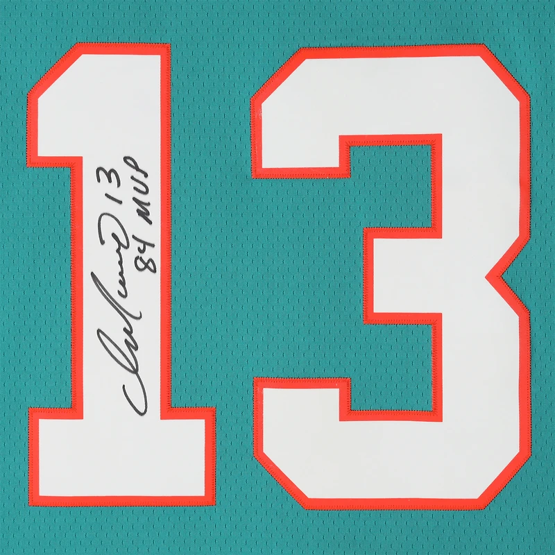 Maillot réplique autographié par Dan Marino des Miami Dolphins par Aqua Mitchell & Ness avec inscription « 84 MVP »