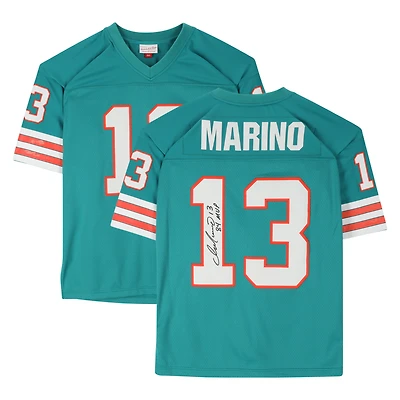 Maillot réplique autographié par Dan Marino des Miami Dolphins par Aqua Mitchell & Ness avec inscription « 84 MVP »