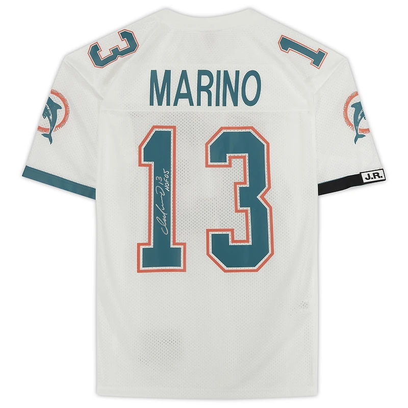 Maillot authentique blanc autographié par Dan Marino des Miami Dolphins avec inscription « HOF 05 » de Mitchell & Ness