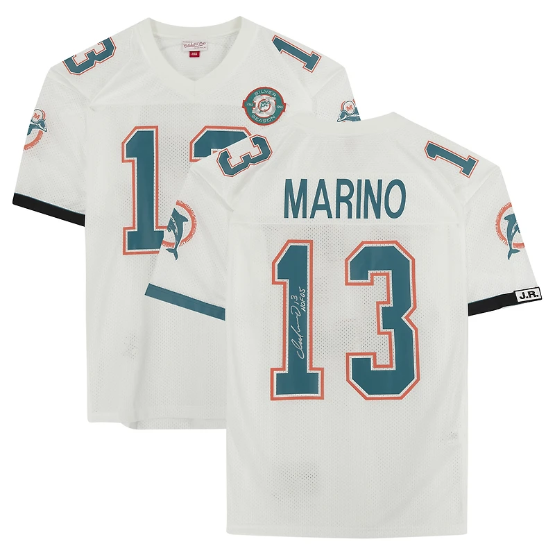 Maillot authentique Mitchell & Ness blanc autographié par Dan Marino des Miami Dolphins avec inscription « HOF 05 »
