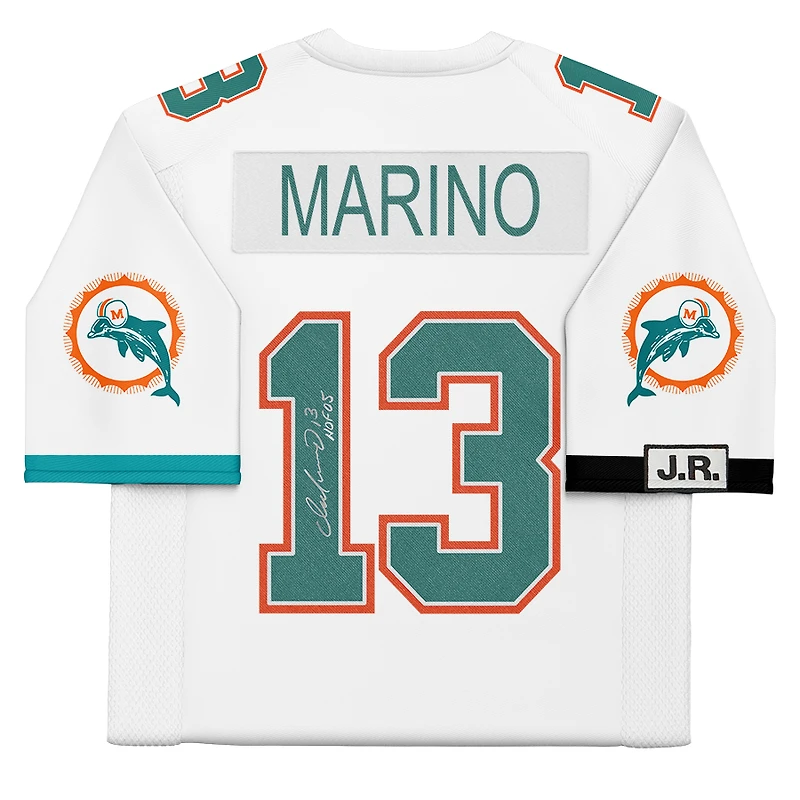Maillot authentique blanc autographié par Dan Marino des Miami Dolphins avec inscription « HOF 05 » de Mitchell & Ness