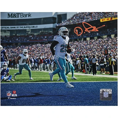 De’Von Achane Miami Dolphins Autographed 8" x 10" White Jersey Running Photograph
