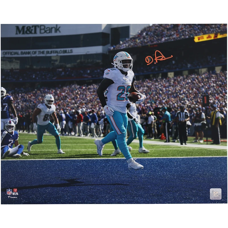 De'Von Achane Miami Dolphins Autographed 16" x 20" White Jersey Running Photograph