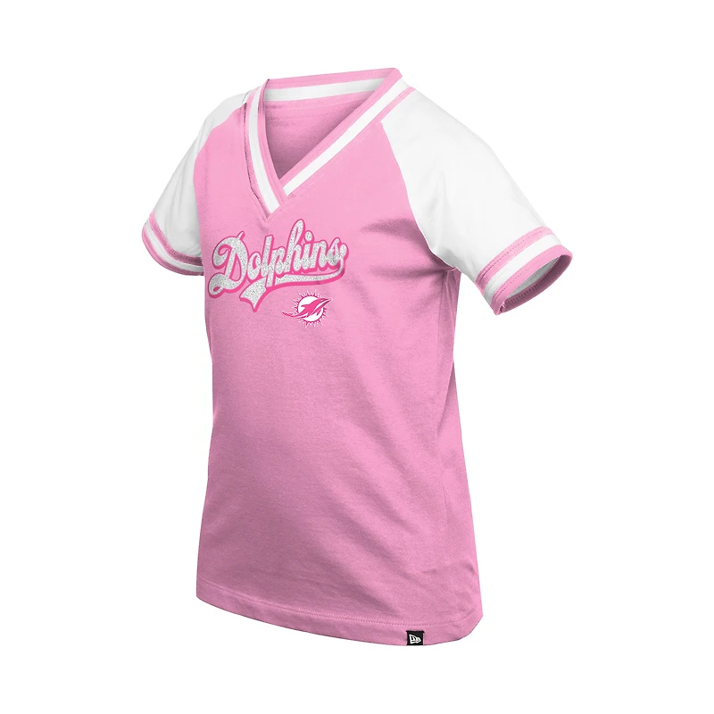 Girl's Youth New Era Pink Miami Dolphins Mommy & Me Multiplier Raglan V-Neck T-Shirt