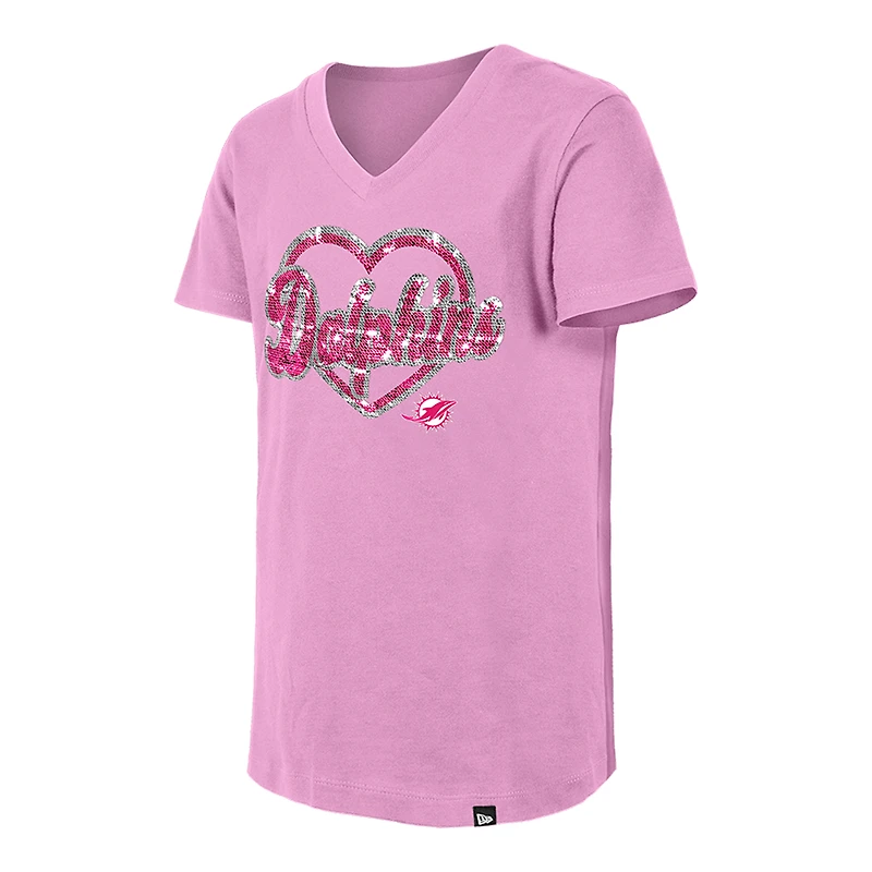 T-shirt à col en V paillettes roses Miami Dolphins de New Era pour jeunes filles