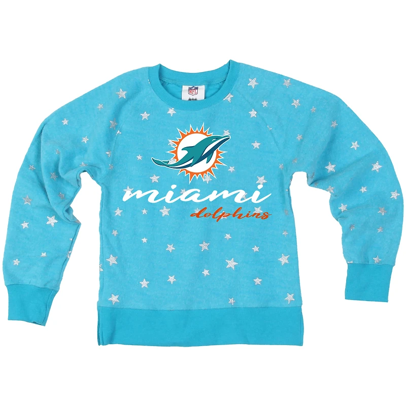 Girls Youth Wes & Willy  Aqua Miami Dolphins Shimmer Star Reverse Fleece Pullover Sweatshirt