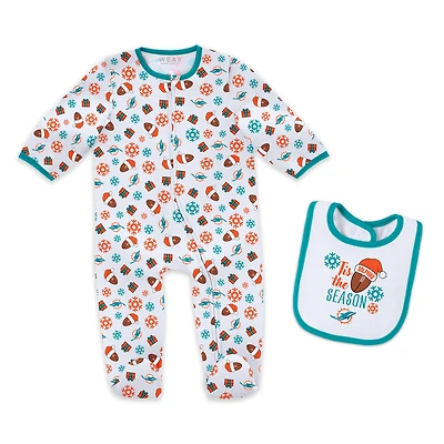 Infant & Newborn WEAR by Erin Andrews Miami Dolphins Holiday Full-Zip Sleeper Bib Set