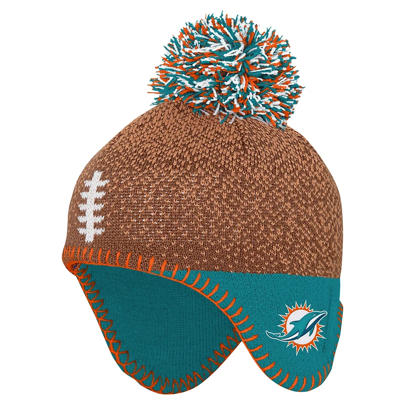 Bonnet tricoté marron pour bébé avec pompon et motif tête de football des Miami Dolphins