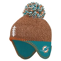 Bonnet tricoté marron pour bébé avec pompon et motif tête de football des Miami Dolphins