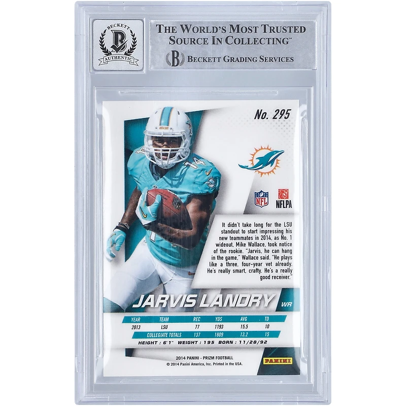 Carte de recrue 10 authentifiée signée Jarvis Landry Miami Dolphins Panini Prizm #295 2014 Beckett Fanatics