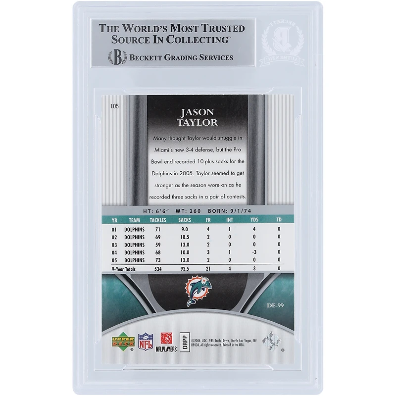 Jason Taylor Miami Dolphins Autographed 2006 Upper Deck Ultimate Collection #105 #/525 Beckett Fanatics Witnessed Authenticated Card 