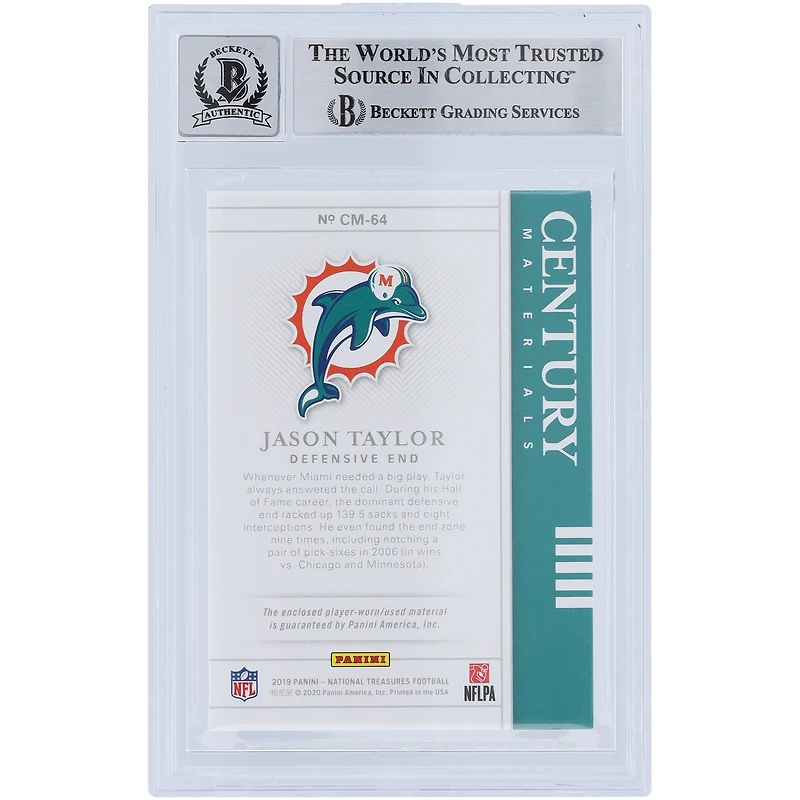 Carte Panini National Treasures Century Materials Relic #CM-64 #73/99 signée par Jason Taylor Miami Dolphins, carte 10 authentifiée avec l'inscription "HOF 17" de Beckett Fanatics