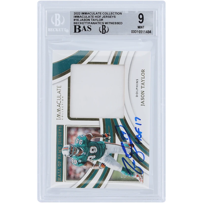 Jason Taylor Miami Dolphins Autographed 2022 Panini Immaculate Collection HOF Jerseys Relic #IHOF-JTA #/49 Beckett Fanatics Witnessed Authenticated 9/10 Card with "HOF 17" Inscription