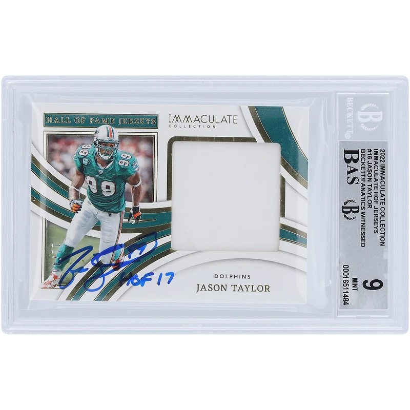 Jason Taylor Miami Dolphins Autographed 2022 Panini Immaculate Collection HOF Jerseys Relic #IHOF-JTA #/49 Beckett Fanatics Witnessed Authenticated 9/10 Card with "HOF 17" Inscription