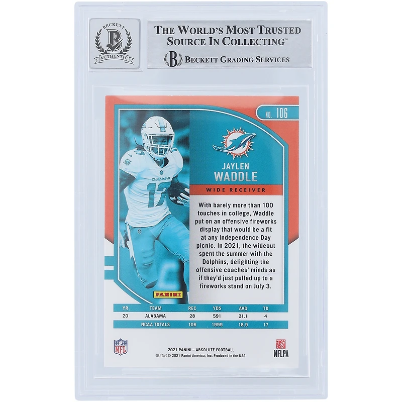 Jaylen Waddle Miami Dolphins Autographed 2021 Panini Absolute #106 Beckett Fanatics Witnessed Authenticated 9/10 Rookie Card with "Fins Up" Inscription