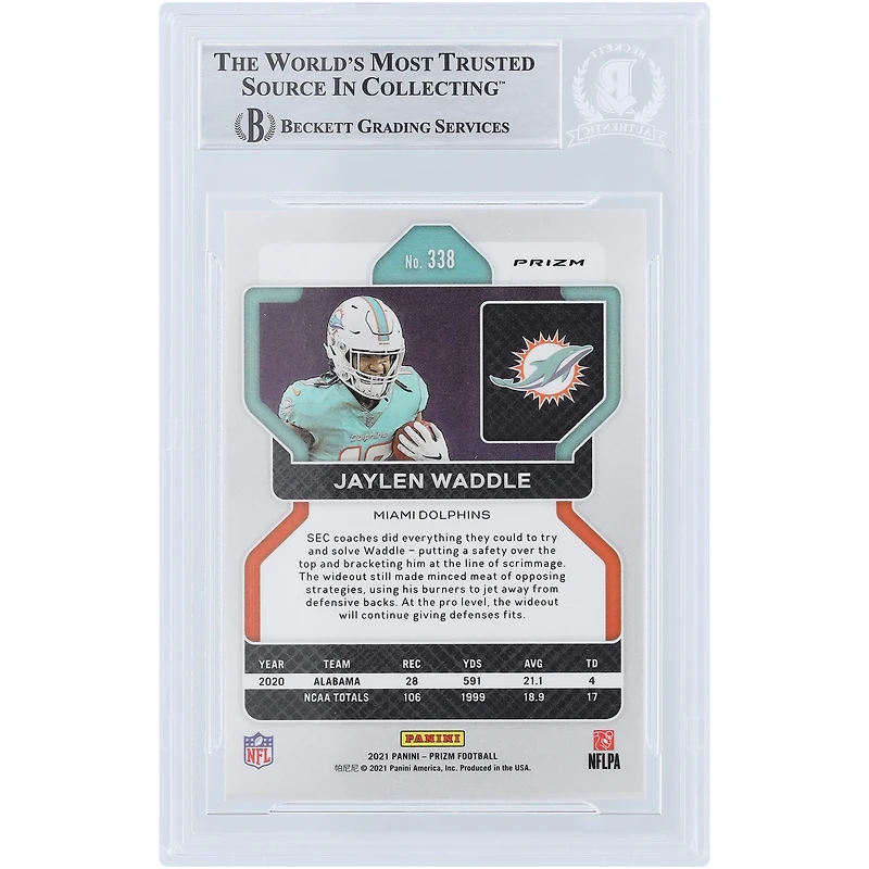 Jaylen Waddle Miami Dolphins Autographed 2021 Panini Prizm Prizm #338 Beckett Fanatics Witnessed Authenticated Rookie Card with "Fins Up" Inscription