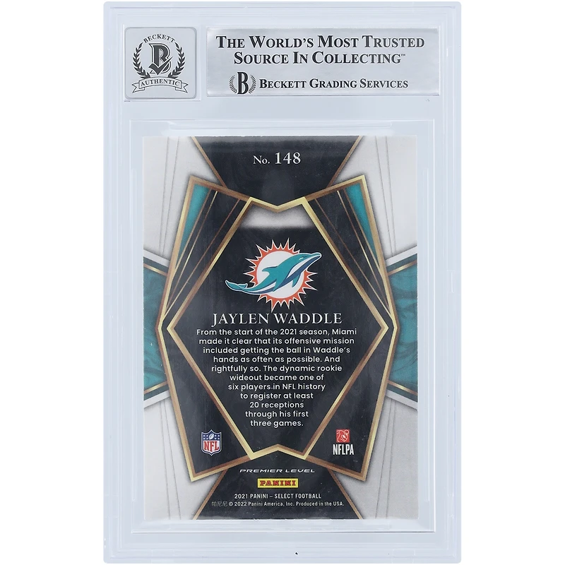 Carte de recrue 9/10 authentifiée signée Jaylen Waddle Miami Dolphins Panini Select Premier Level #148 Beckett Fanatics 2021