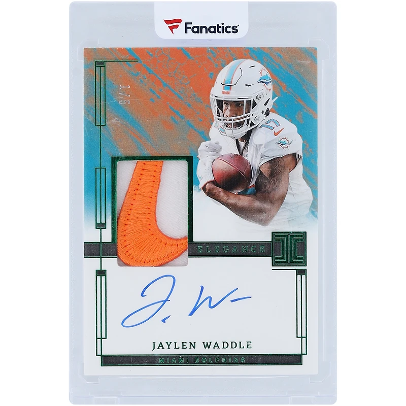 Carte autographiée Jaylen Waddle des Miami Dolphins 2024 Panini Impeccable Emerald Impeccable Dual-Color Nike Logo Relic #EVA-JWE #1/5