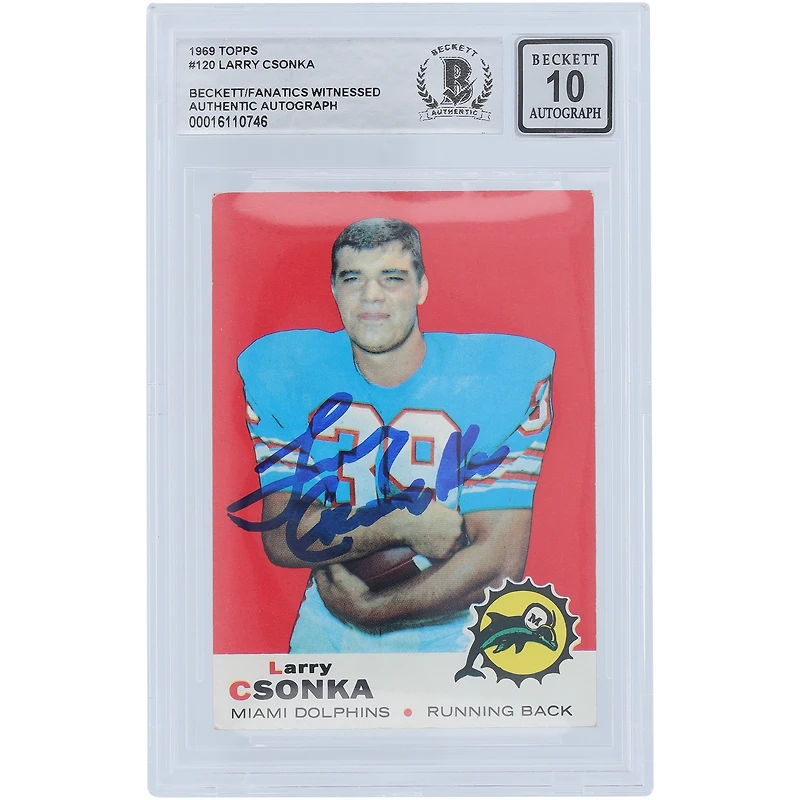 Larry Csonka Miami Dolphins Autographed 1969 Topps #120 Beckett Fanatics Witnessed Authenticated 10 Rookie Card