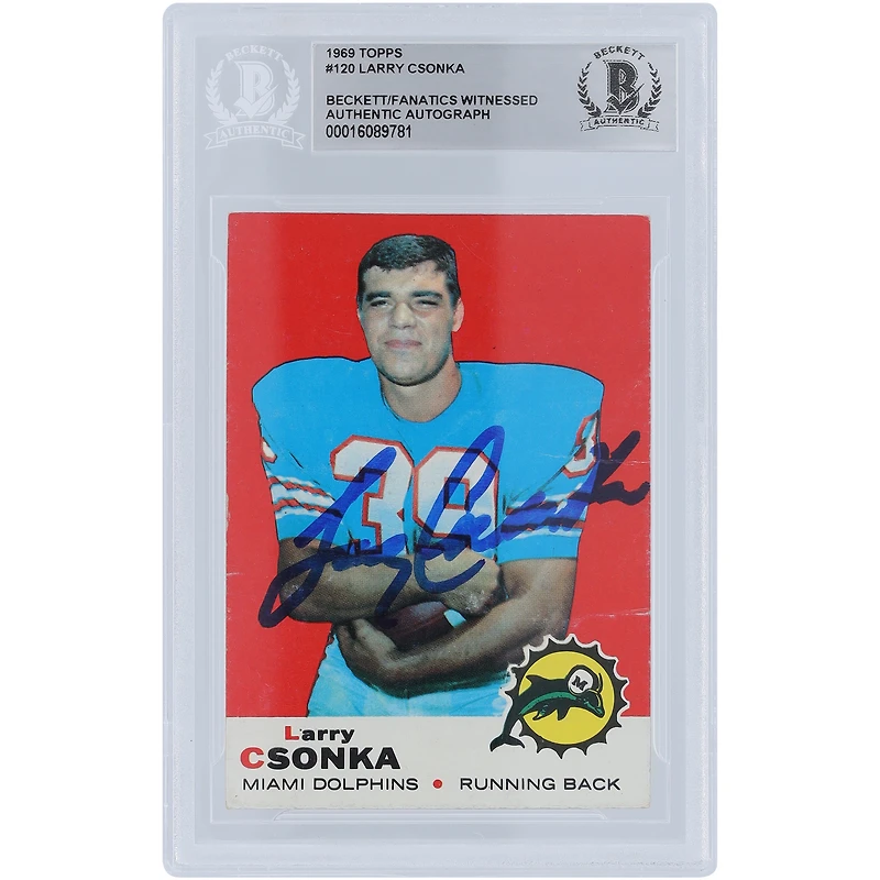 Carte de recrue authentifiée autographiée par Larry Csonka des Miami Dolphins, série Topps 1 de 1969, numéro 120, Beckett Fanatics