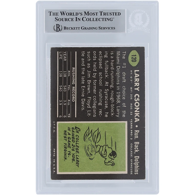 Larry Csonka Miami Dolphins Autographed 1969 Topps Series 1 #120 Beckett Fanatics Witnessed Authenticated Rookie Card