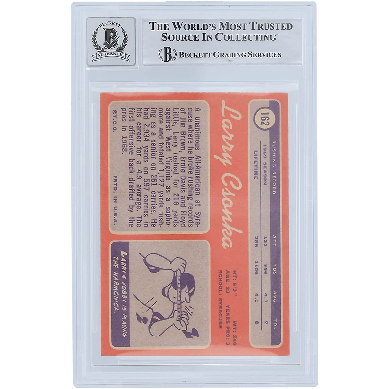 Carte autographiée 1970 Topps #162 Beckett par Larry Csonka des Miami Dolphins, carte 10 authentifiée et témoin des fanatiques