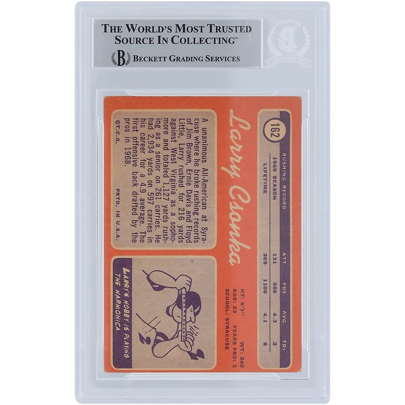 Carte autographiée par Larry Csonka des Miami Dolphins Topps Series 1 #162 Beckett Fanatics de 1970 authentifiée