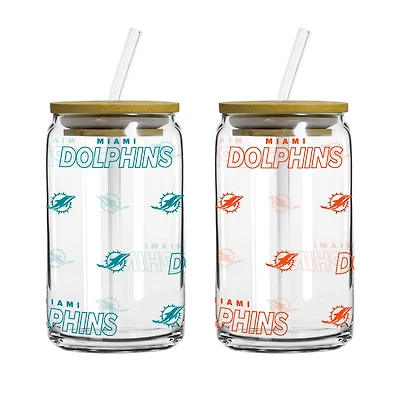 Logo Brands Miami Dolphins 16oz. Step And Repeat Glass Can with Lid & Straw 2-Pack