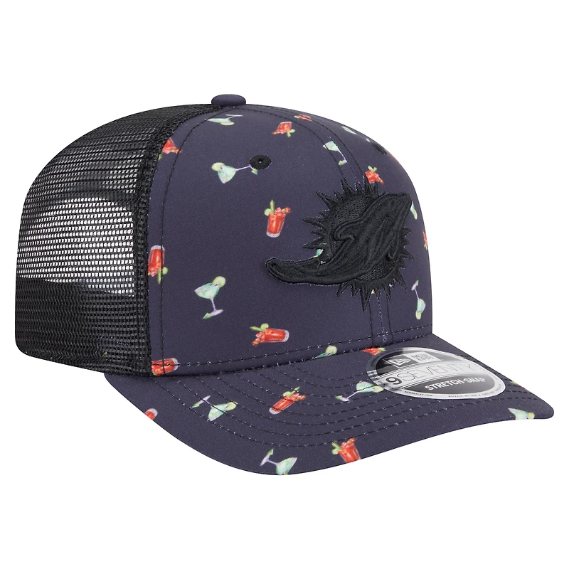 Men's New Era Navy/Black Miami Dolphins Adventure Drinks Pattern 9SEVENTY Stretch-Snap Hat
