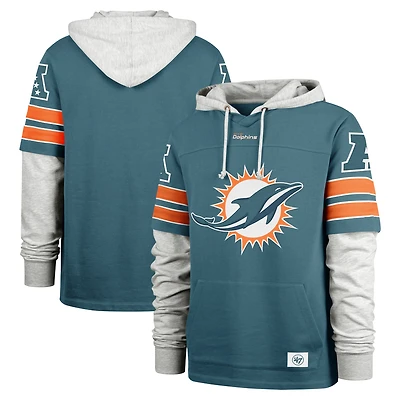 Men's '47 Aqua Miami Dolphins Double Header Blitz Cornerback Pullover Hoodie
