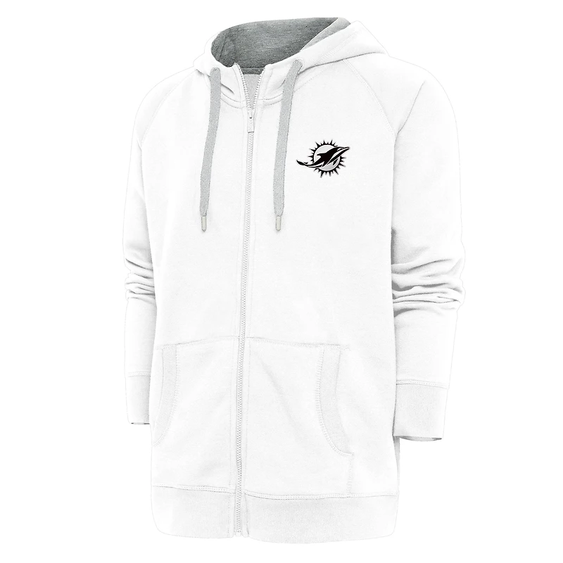 Sweat à capuche zippé intégral Antigua White Miami Dolphins avec logo métallique Victory pour homme