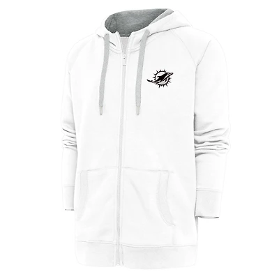 Sweat à capuche zippé intégral Antigua White Miami Dolphins avec logo métallique Victory pour homme