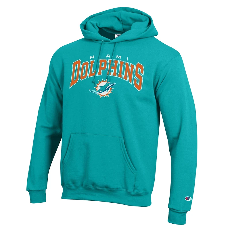 Sweat à capuche Champion Aqua Miami Dolphins Powerblend avec logo en arc sur fond blanc
