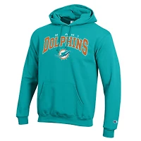 Sweat à capuche Champion Aqua Miami Dolphins Powerblend avec logo en arc sur fond blanc