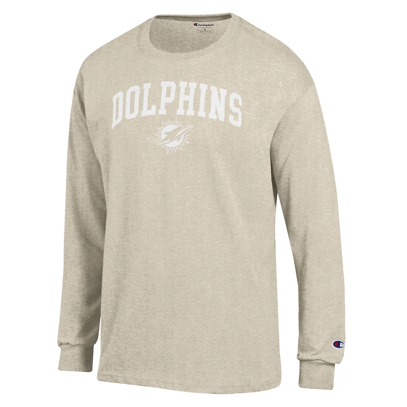 Men's Champion Heather Oatmeal Miami Dolphins White Ink Jersey Long Sleeve T-Shirt