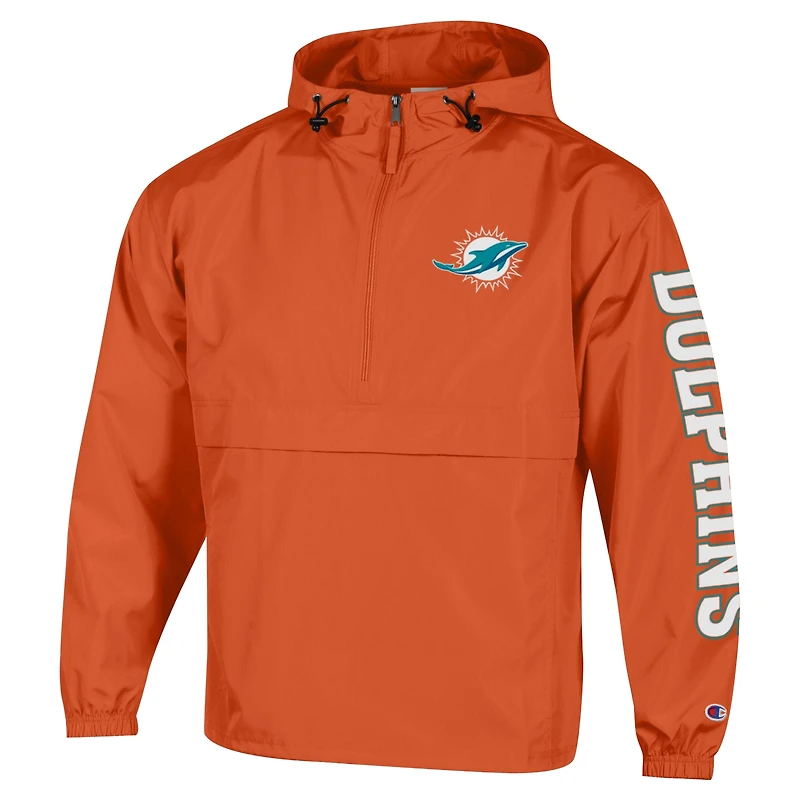 Men's Champion Orange Miami Dolphins Packable Hooded Windbreaker Half-Zip Jacket