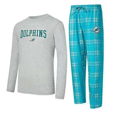 Men's Concepts Sport Aqua/Heather Gray Miami Dolphins Regulate Long Sleeve T-Shirt and Plaid Pant Set