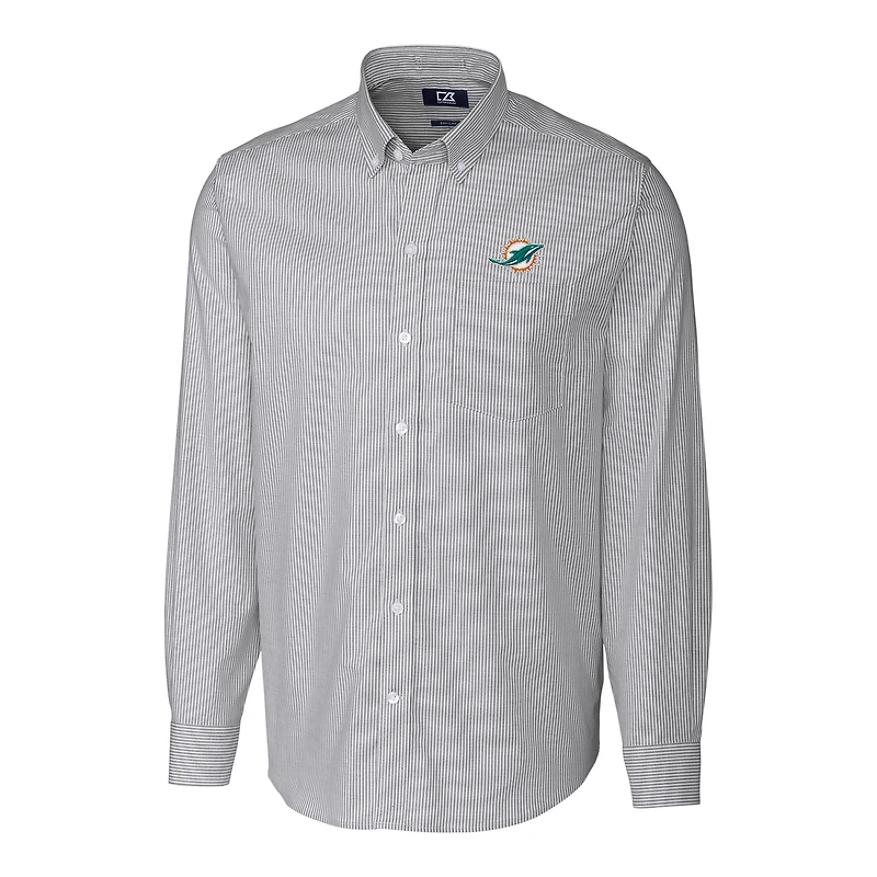 Men's Cutter & Buck Charcoal Miami Dolphins Big Tall Stretch Striped Oxford Long Sleeve Woven Button Down Shirt
