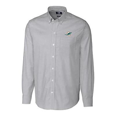 Men's Cutter & Buck Charcoal Miami Dolphins Big Tall Stretch Striped Oxford Long Sleeve Woven Button Down Shirt