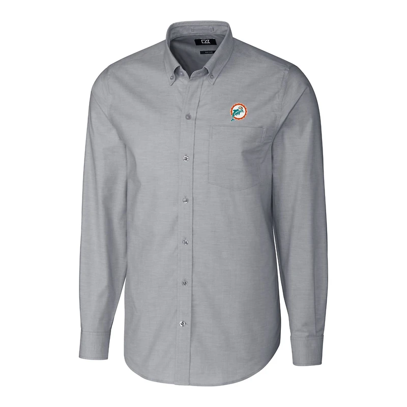 Chemise boutonnée extensible à manches longues et col boutonné pour homme, couleur anthracite, avec logo rétro des Dolphins de Miami, coupe Cutter & Buck, grande taille