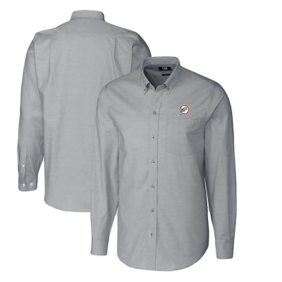 Chemise boutonnée extensible à manches longues et col boutonné pour homme, couleur anthracite, avec logo rétro des Dolphins de Miami, coupe Cutter & Buck, grande taille