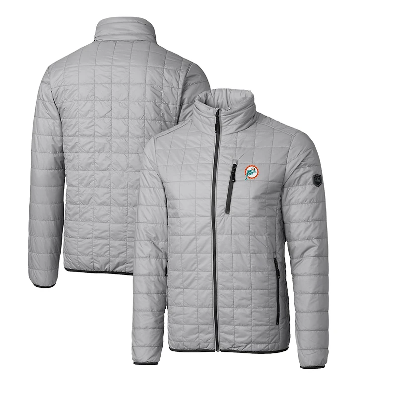 Doudoune zippée intégrale Cutter & Buck grise Miami Dolphins Throwback Logo Rainier, isolée PrimaLoft Eco