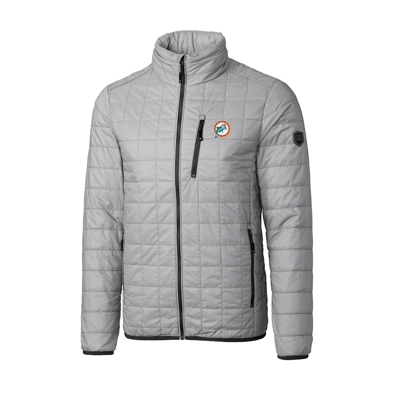 Doudoune isolante entièrement zippée Rainier PrimaLoft Eco pour homme, grise, avec logo rétro des Dolphins de Miami, Cutter & Buck