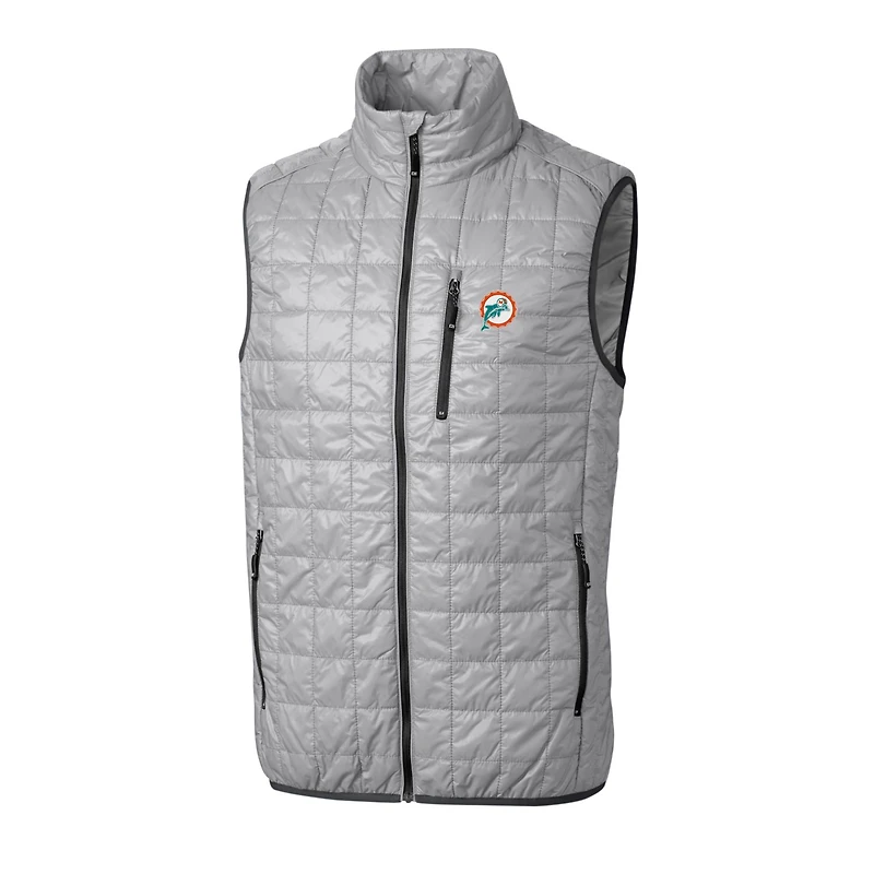 Gilet matelassé isolant entièrement zippé Rainier PrimaLoft Eco pour homme, gris, avec logo rétro des Dolphins de Miami, Cutter & Buck