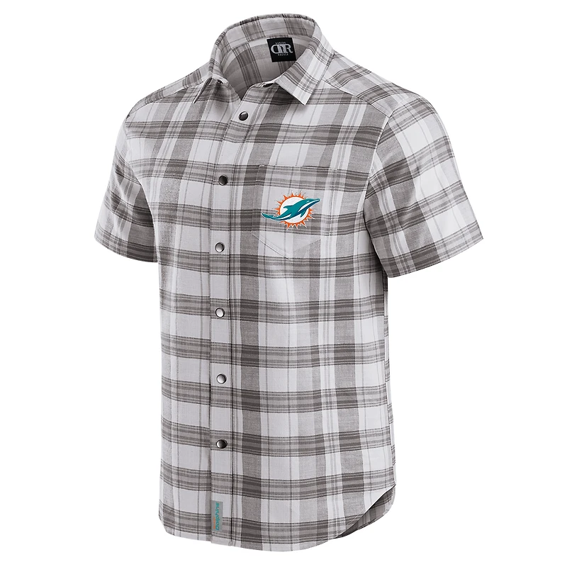 Men's Darius Rucker Collection by Fanatics Gray Miami Dolphins Team Plaid Short Sleeve Full-Snap Shirt
