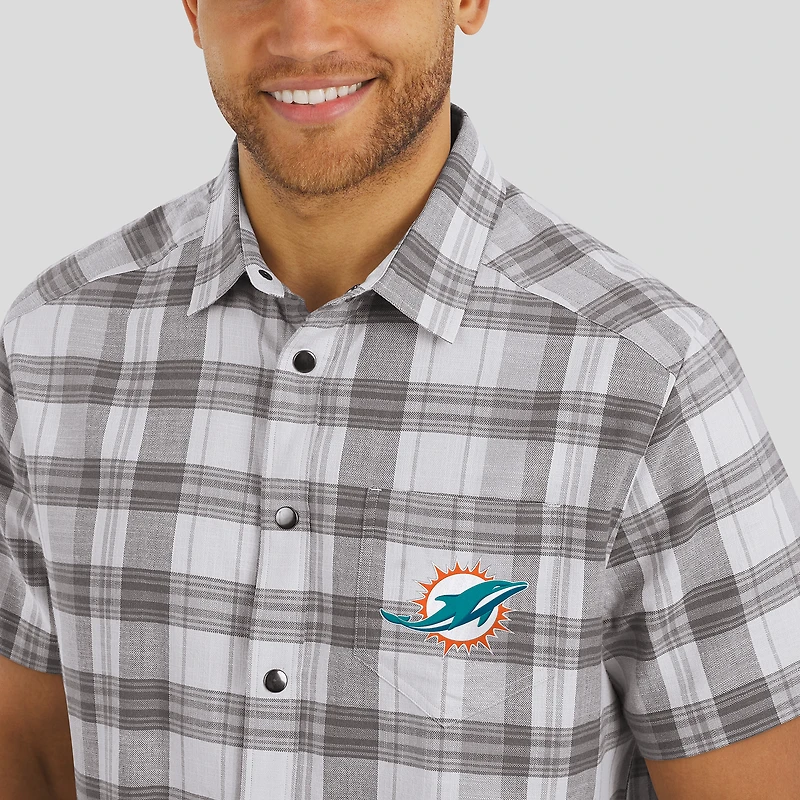 Men's Darius Rucker Collection by Fanatics Gray Miami Dolphins Team Plaid Short Sleeve Full-Snap Shirt